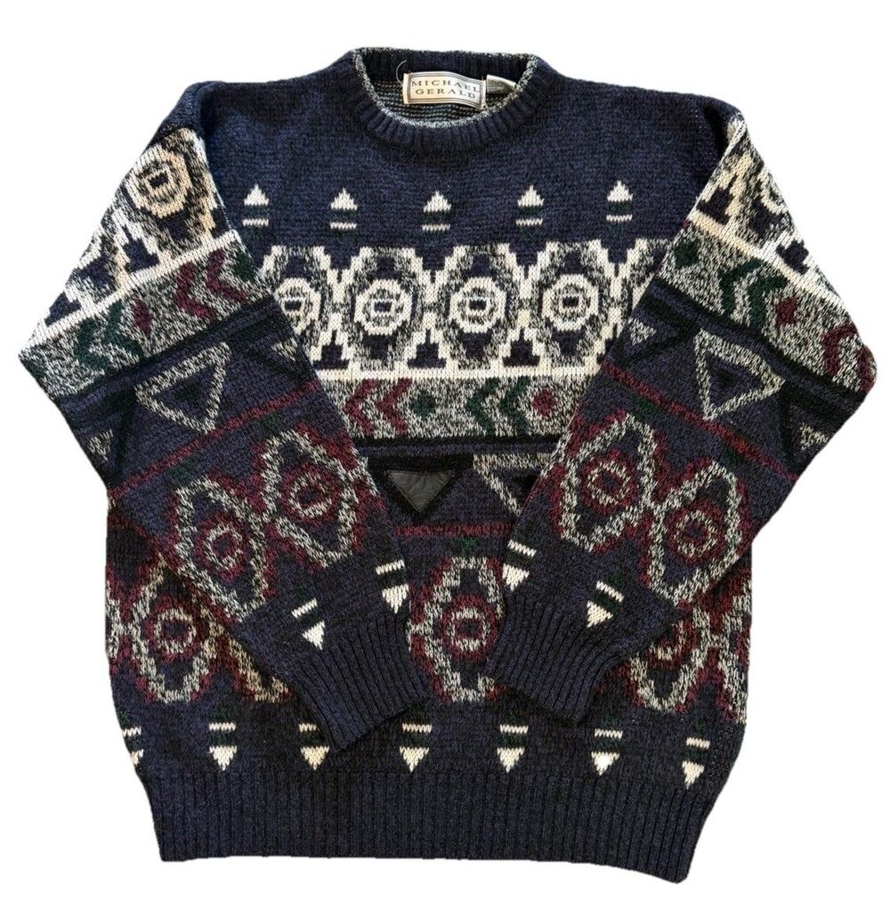 Vintage Michael Gerald Mens Large Sweater Blue Aztec Geometric Knit 90s Grandpa